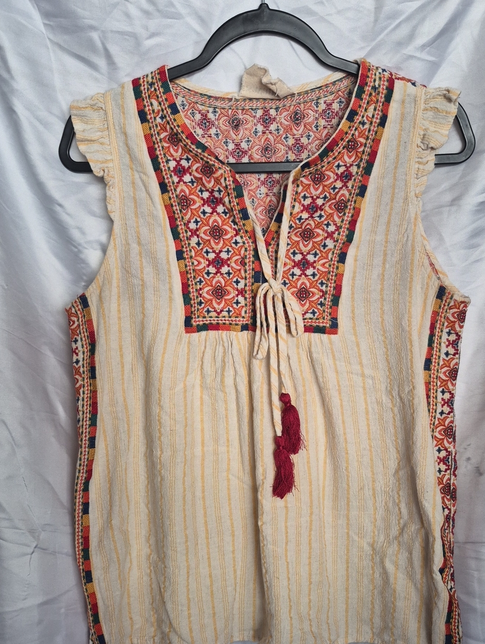 Savanna Jane Cream Striped Embroidered Tassel Tank Top